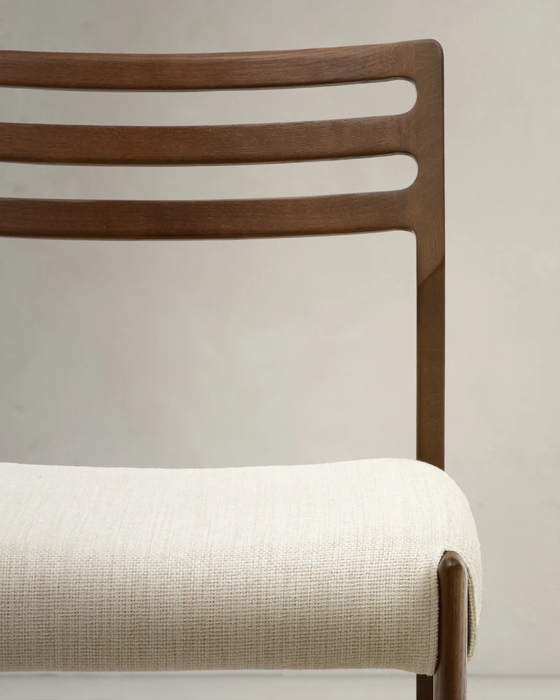 Cudia chair removable cover in beige chenille solid oak wood walnut finish FSC Mix Credit