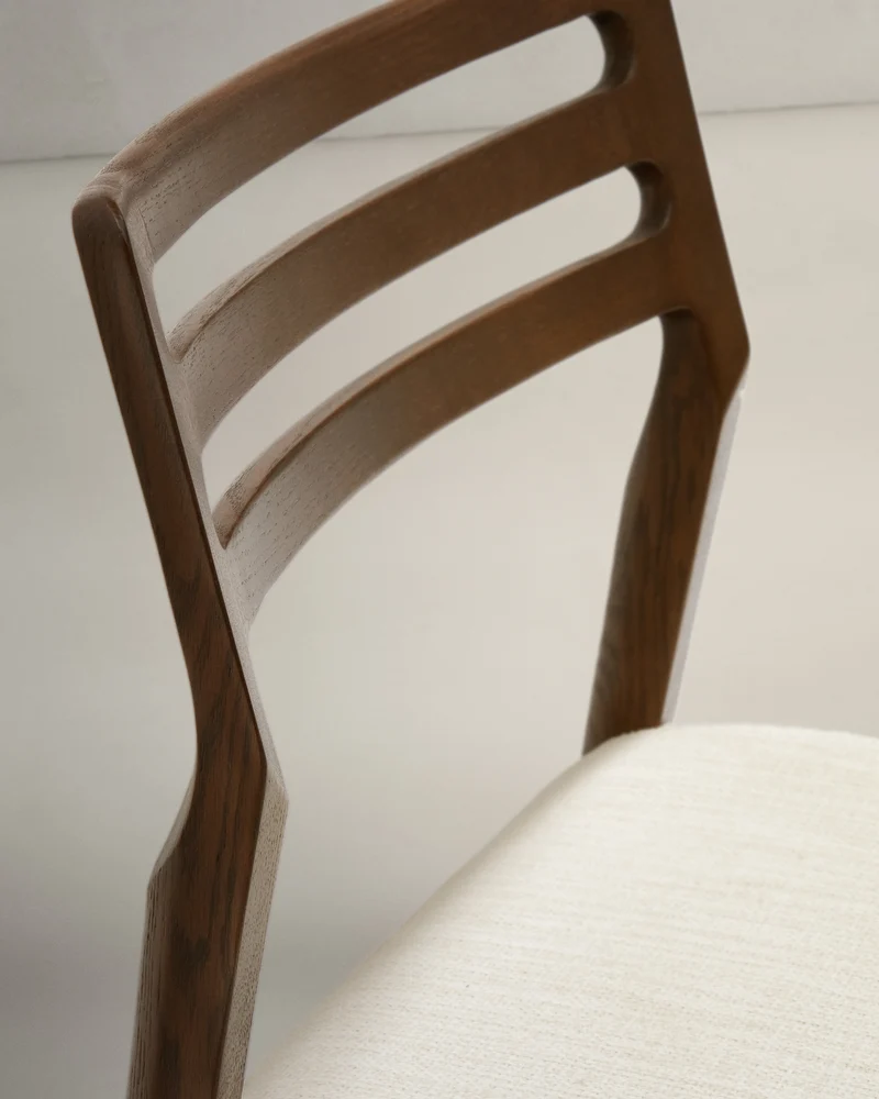 Cudia chair removable cover in beige chenille solid oak wood walnut finish FSC Mix Credit