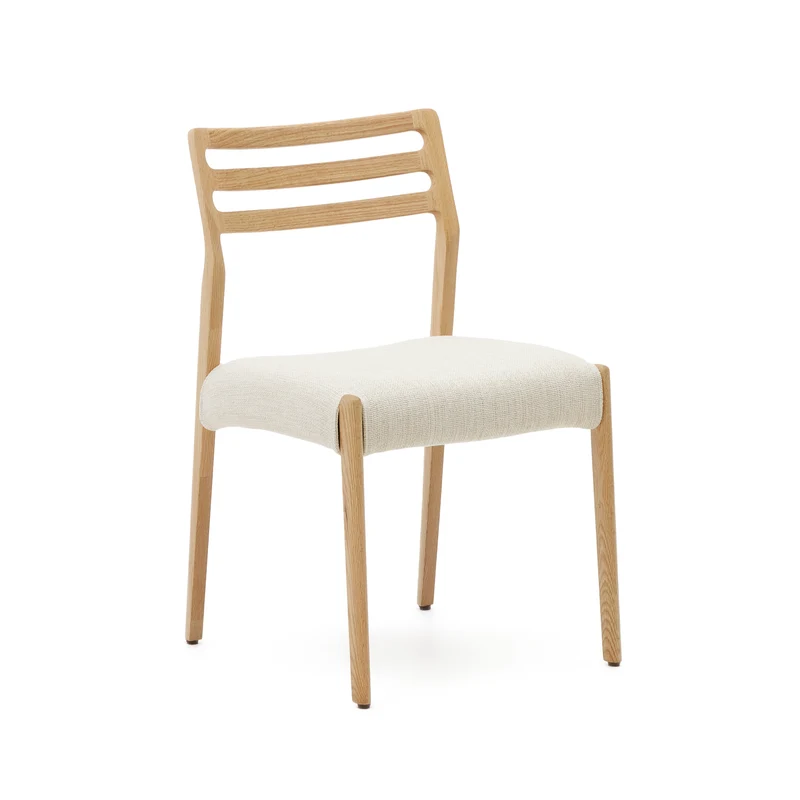 Cudia chair removable cover in beige chenille solid oak wood natural finish FSC Mix Credit