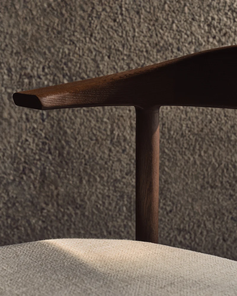 Timons chair removable cover in beige chenille solid oak wood walnut finish FSC Mix Credit