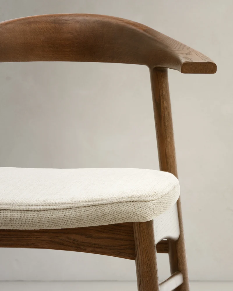 Timons chair removable cover in beige chenille solid oak wood walnut finish FSC Mix Credit