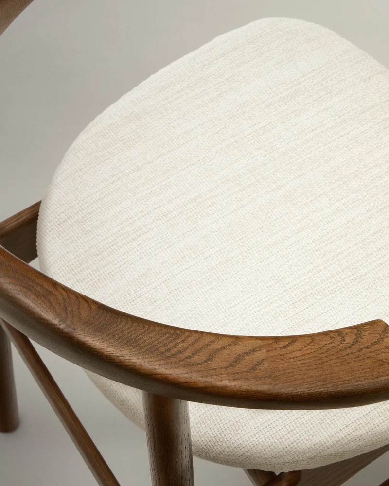 Timons chair removable cover in beige chenille solid oak wood walnut finish FSC Mix Credit