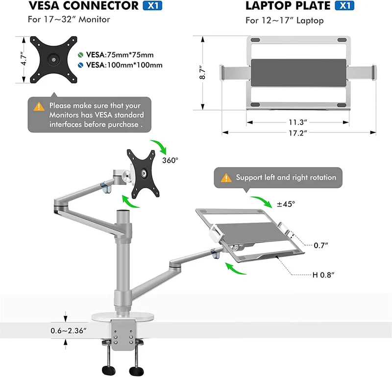 Moniteur à double bras réglable 2 en 1 et support pour ordinateur portable