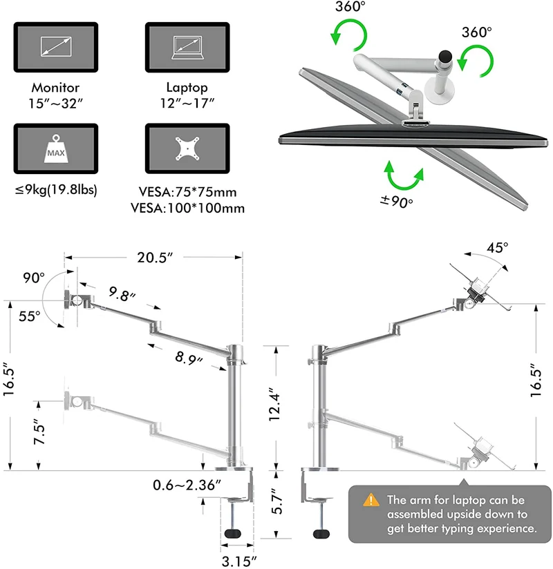 Moniteur à double bras réglable 2 en 1 et support pour ordinateur portable