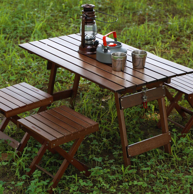 Table pliante en bois massif de camping en plein air avec ensemble de 4 chaises pliantes