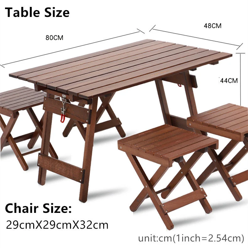Table pliante en bois massif de camping en plein air avec ensemble de 4 chaises pliantes