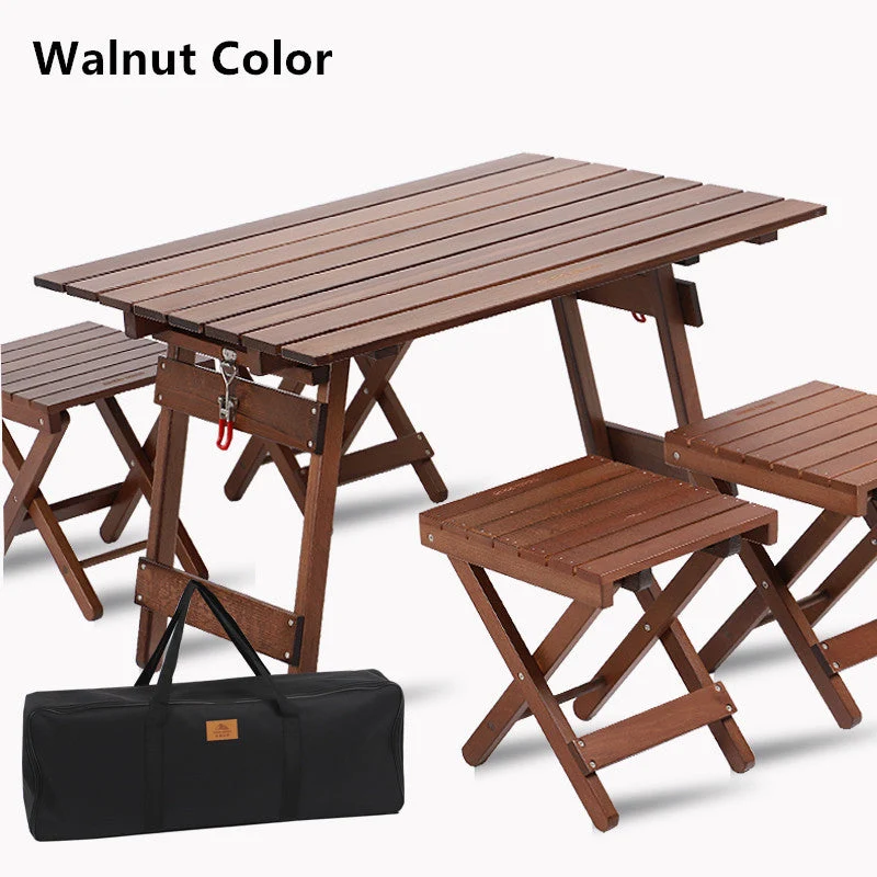 Table pliante en bois massif de camping en plein air avec ensemble de 4 chaises pliantes