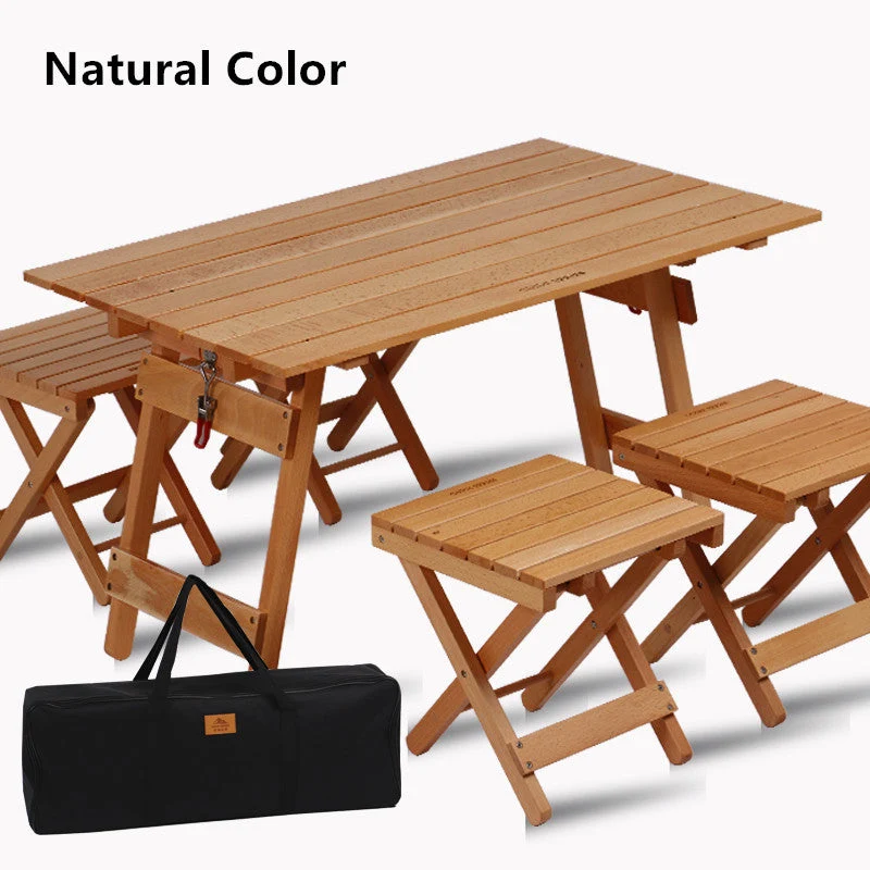 Table pliante en bois massif de camping en plein air avec ensemble de 4 chaises pliantes