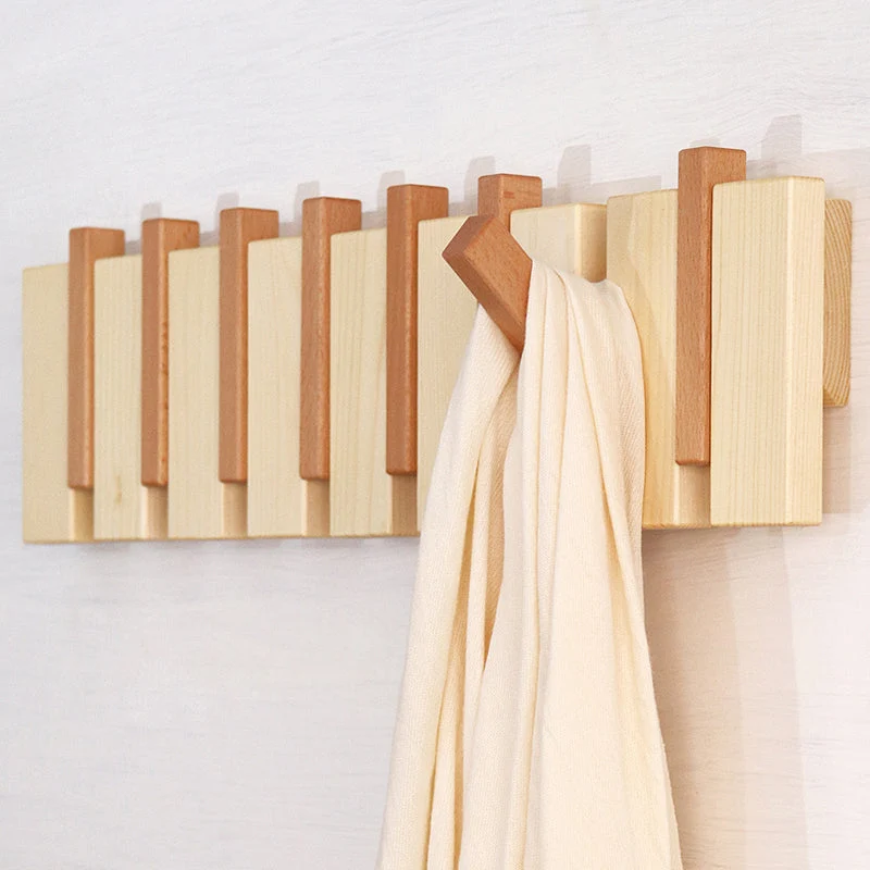 Porte-manteau mural en bois avec crochets rabattables