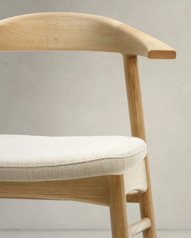 Timons chair removable cover in beige chenille solid oak wood natural finish FSC Mix Credit