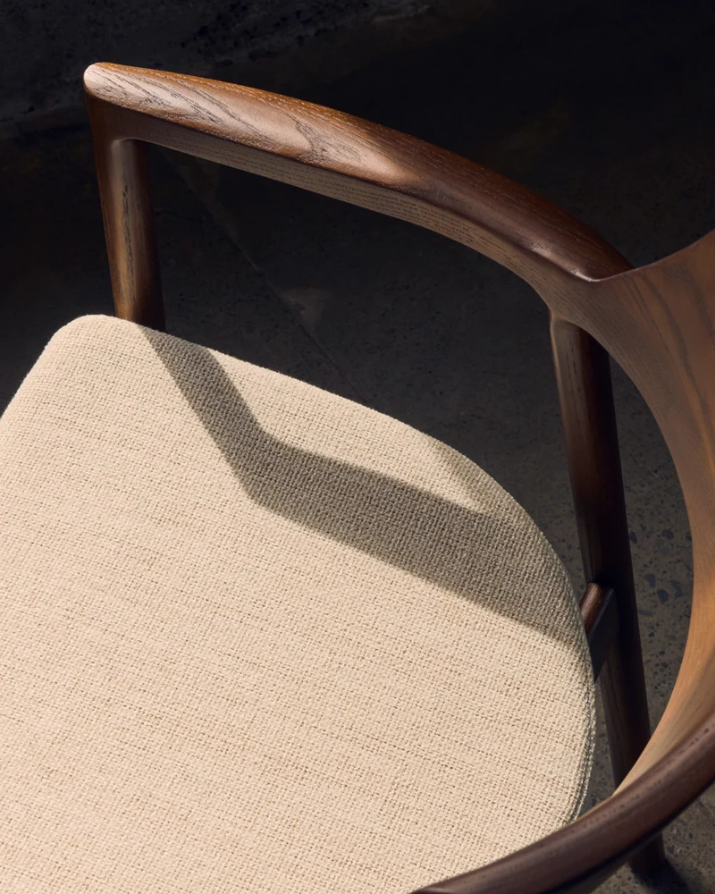 Alocs chair removable cover in beige chenille solid oak wood walnut finish FSC Mix Credit