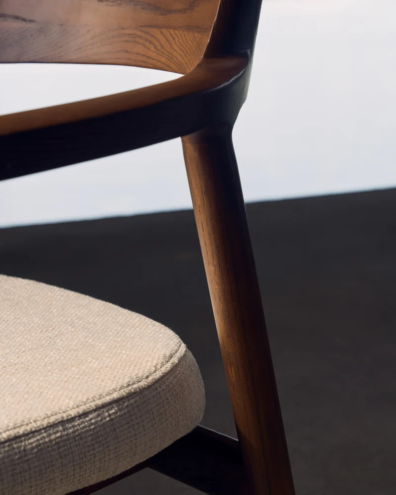 Alocs chair removable cover in beige chenille solid oak wood walnut finish FSC Mix Credit