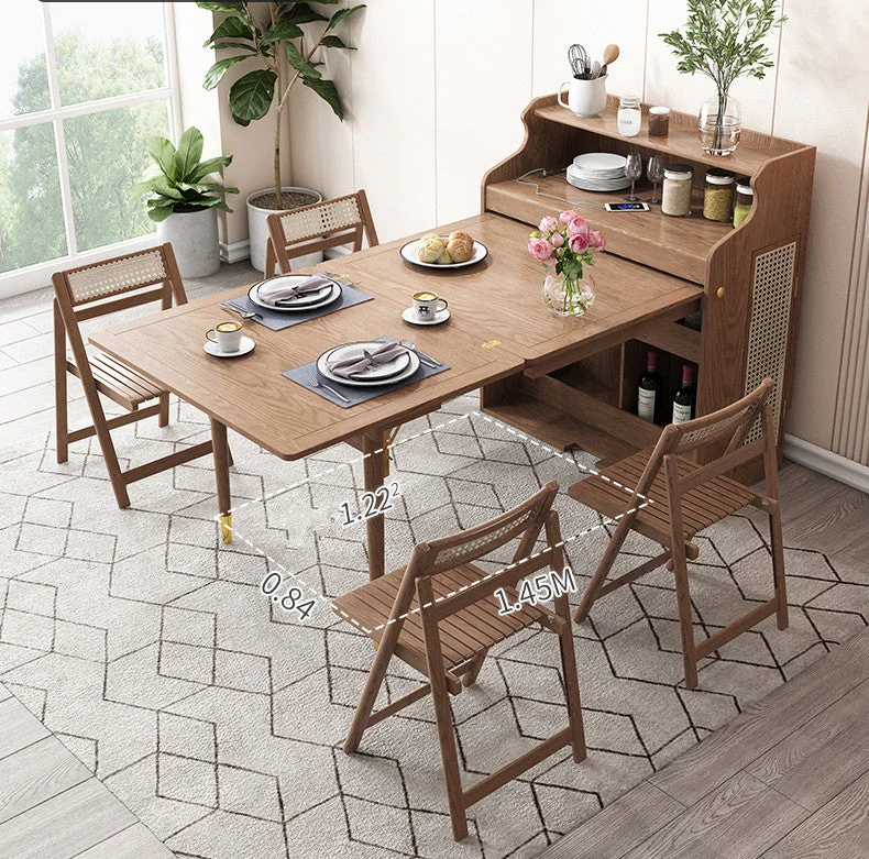 Table à manger multifonctionnelle pliante en bois massif avec armoire et chaises pliantes