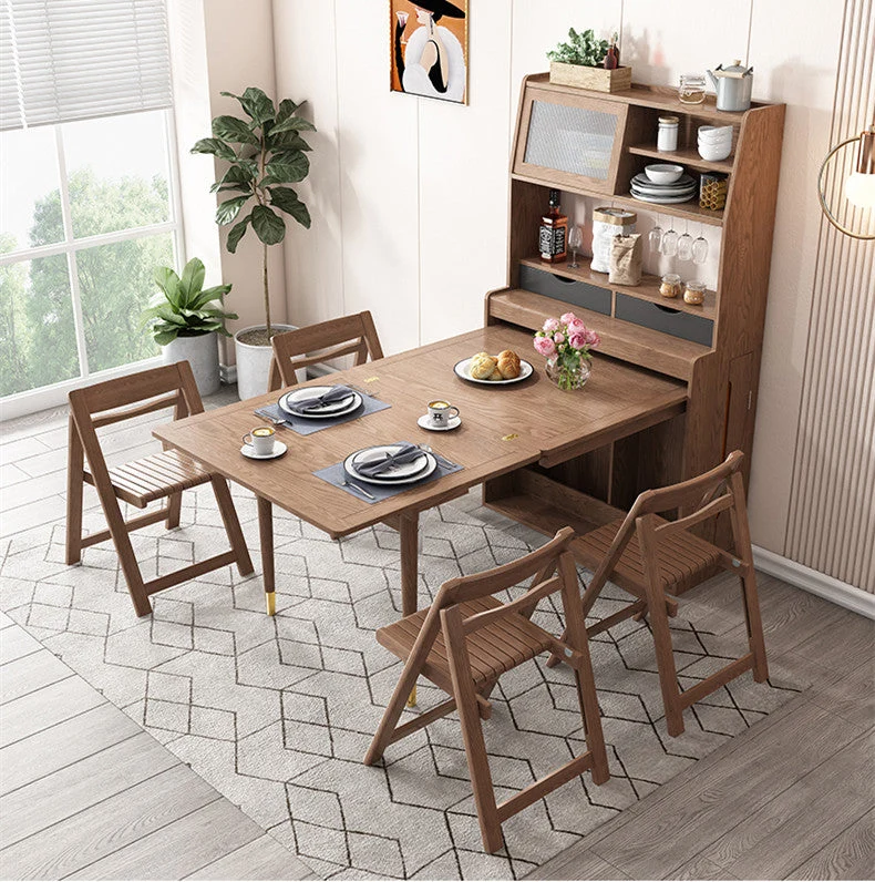 Table à manger multifonctionnelle pliante en bois massif avec armoire et chaises pliantes