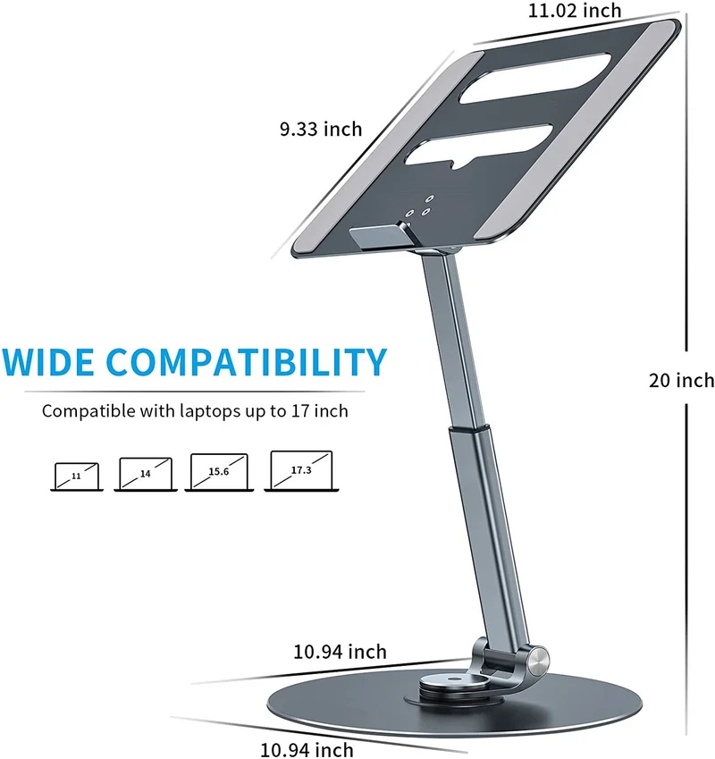 Dernière colonne montante pour ordinateur portable en aluminium réglable en hauteur avec base rotative à 360°