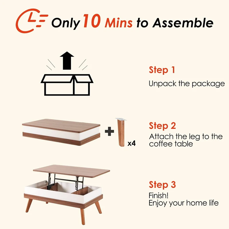 Table basse à plateau relevable facile à assembler avec compartiment de rangement caché