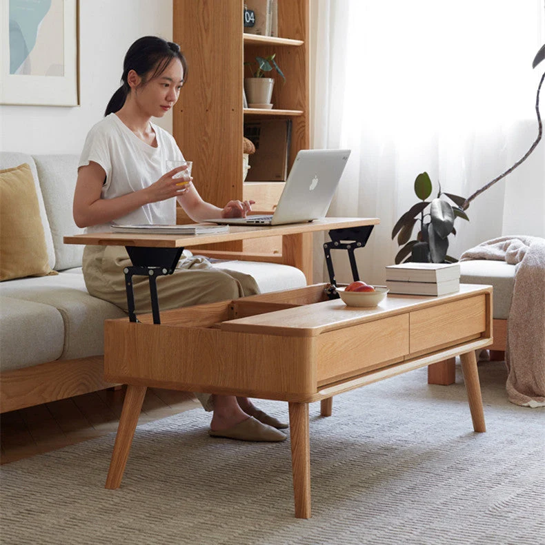 Table basse à plateau relevable en bois massif avec tiroirs et compartiments de rangement cachés