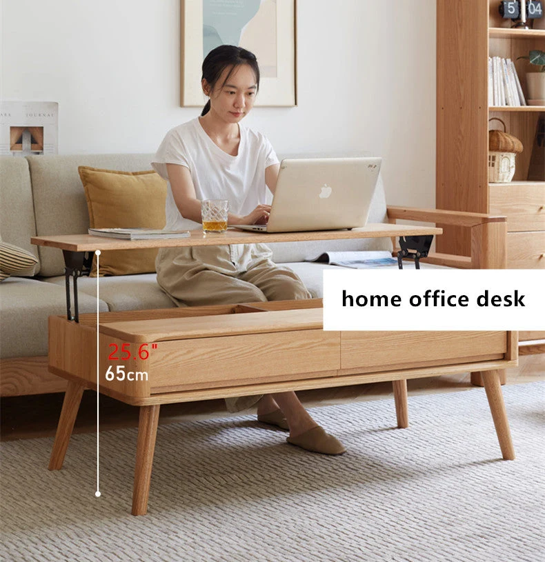 Table basse à plateau relevable en bois massif avec tiroirs et compartiments de rangement cachés
