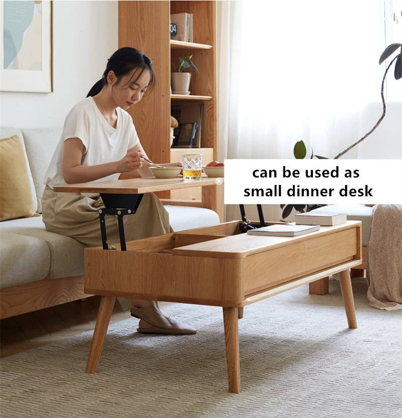 Table basse à plateau relevable en bois massif avec tiroirs et compartiments de rangement cachés