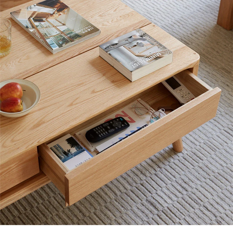 Table basse à plateau relevable en bois massif avec tiroirs et compartiments de rangement cachés