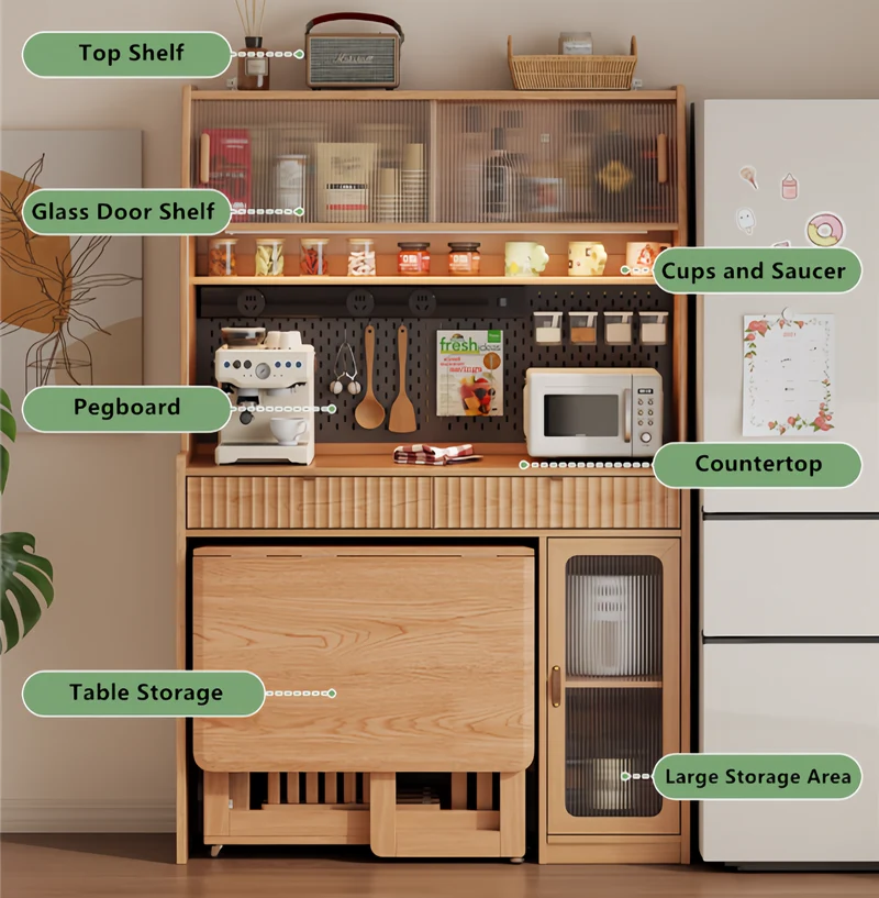 Hutch de cuisine avec table à manger à double abattant et 4 chaises pliantes
