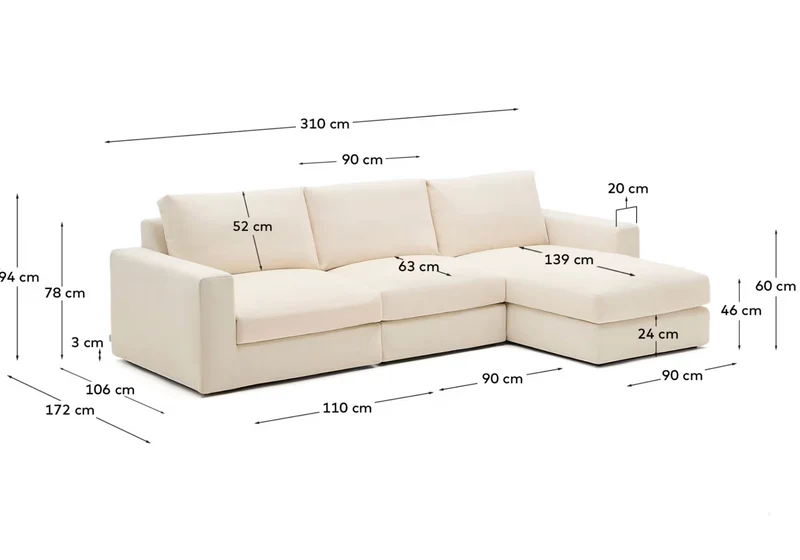 Alea ecru chenille 4-seater modular sofa with right chaise longue and removable cover 310cm