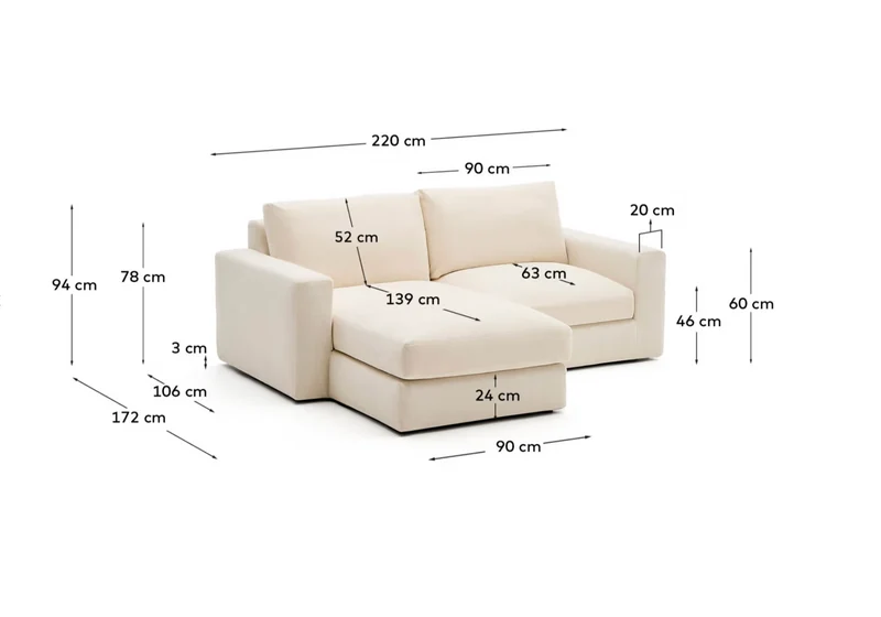 Alea ecru chenille 3-seater modular sofa with left chaise longue and removable cover 220cm