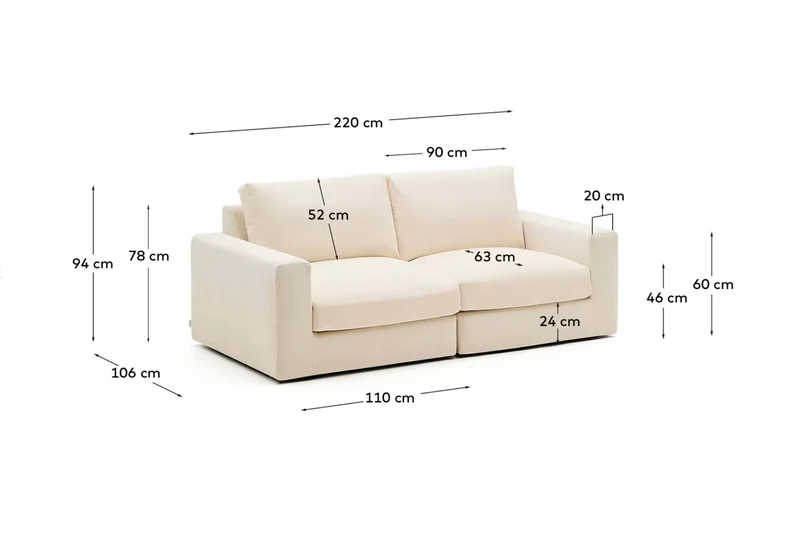 Alea ecru chenille 3-seater modular sofa with removable cover 220cm