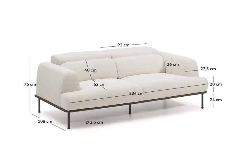 Aurum 3-seater sofa in ecru chenille with reclining headrest and matte beige metal base 234cm FSC Mix Credit