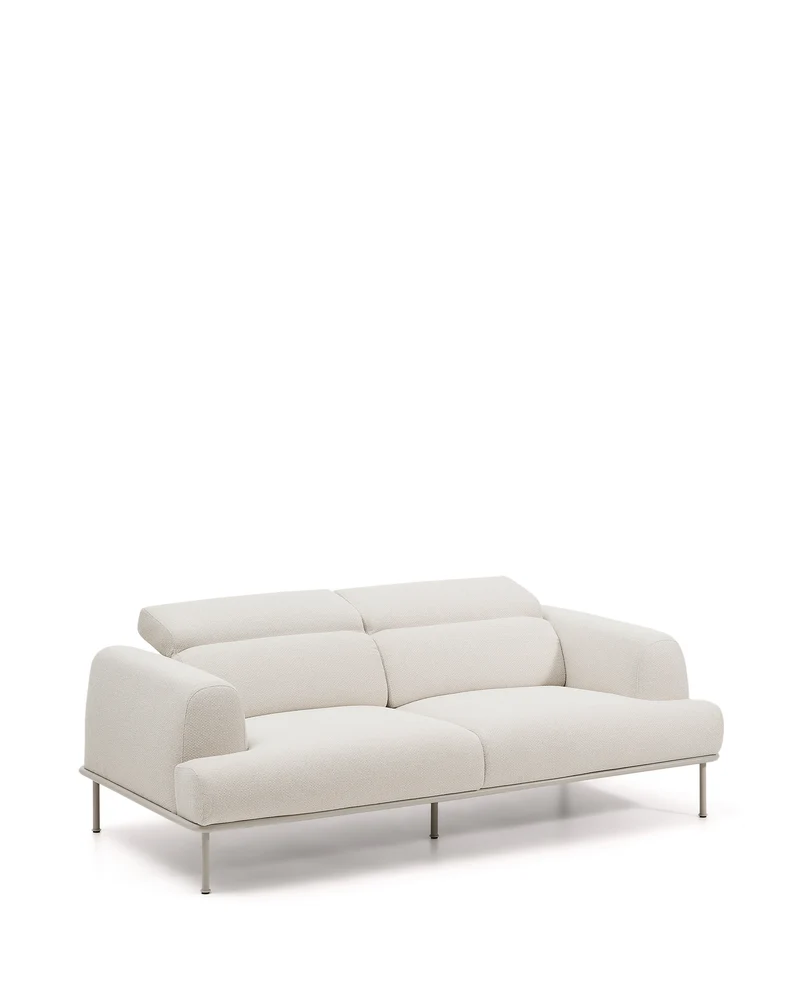 Aurum 3-seater sofa in ecru chenille with reclining headrest and matte beige metal base 234cm FSC Mix Credit