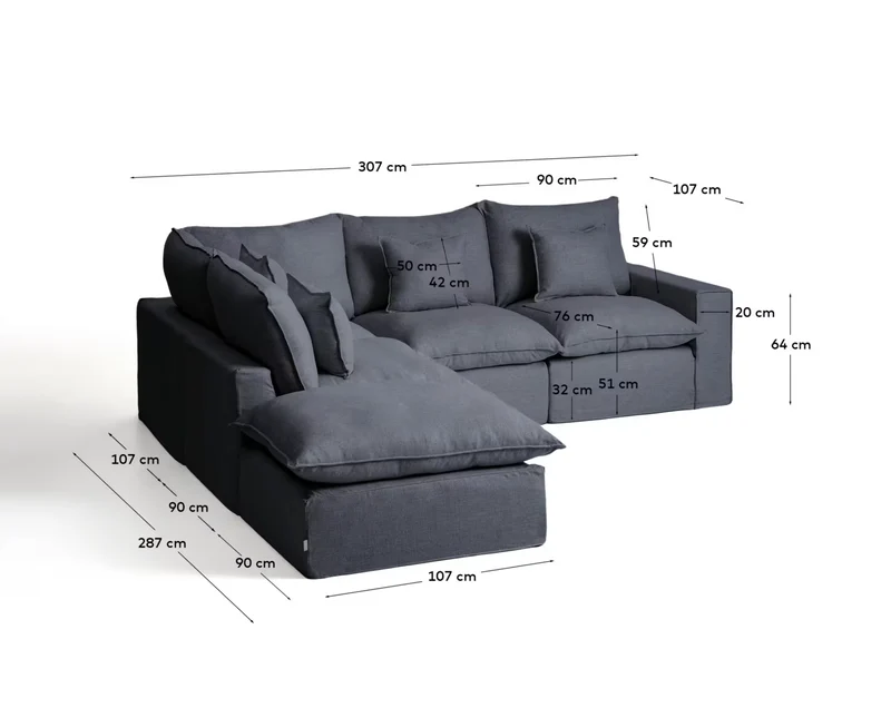 Anarela dark grey linen and viscose 4-seater modular corner sofa with removable cover 287 x 307 cm FSC Mix Credit