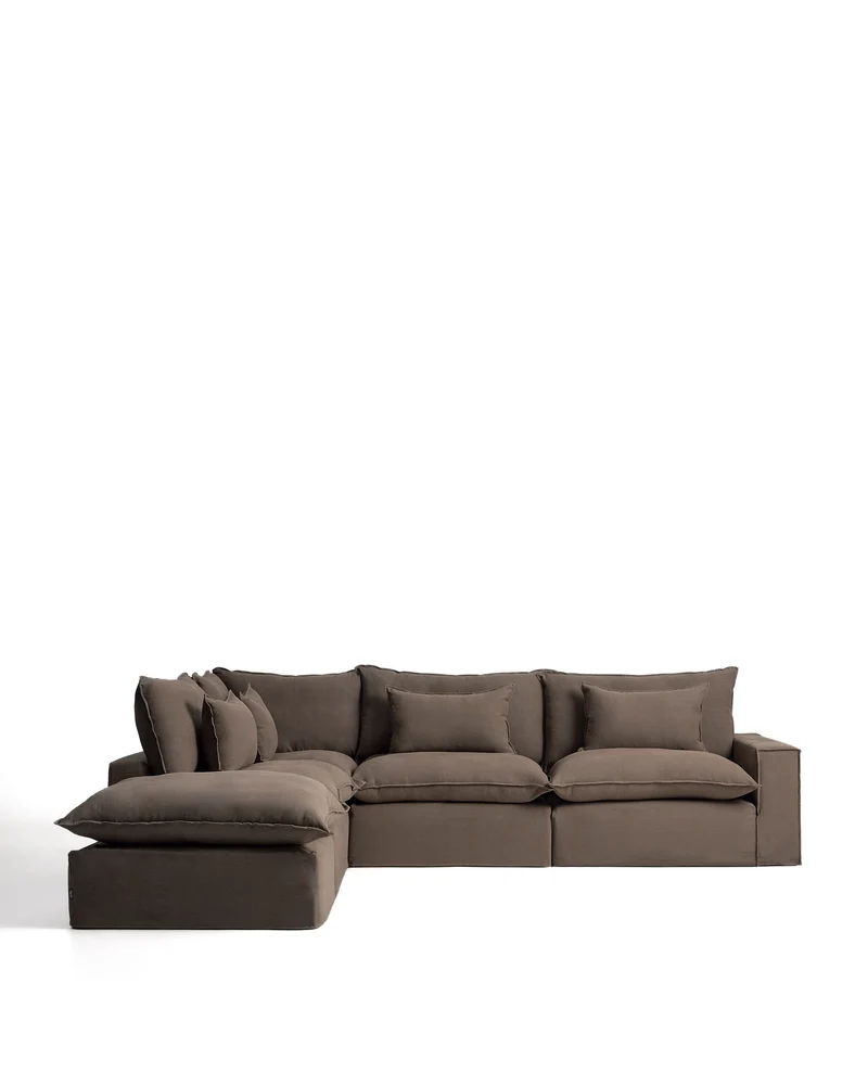 Anarela taupe linen 6-seater modular corner sofa with removable cover 307 x 347 cm FSC Mix Credit