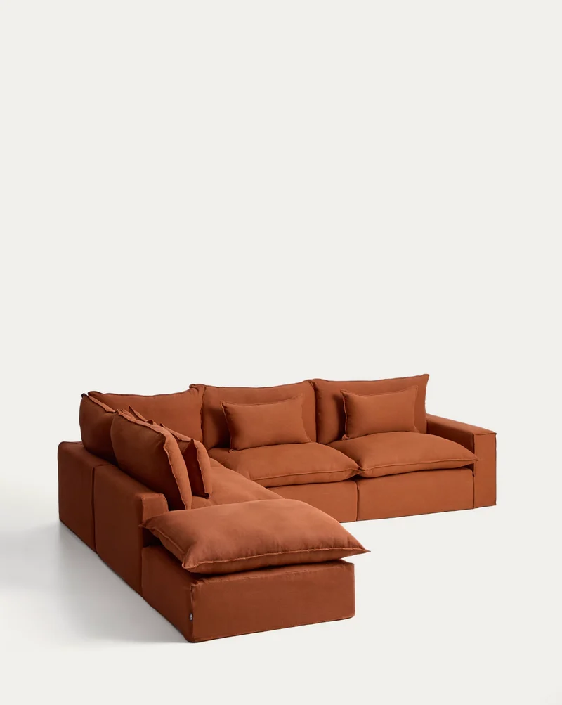 Anarela terracotta linen 6-seater modular corner sofa with removable cover 307 x 347 cm FSC Mix Credit