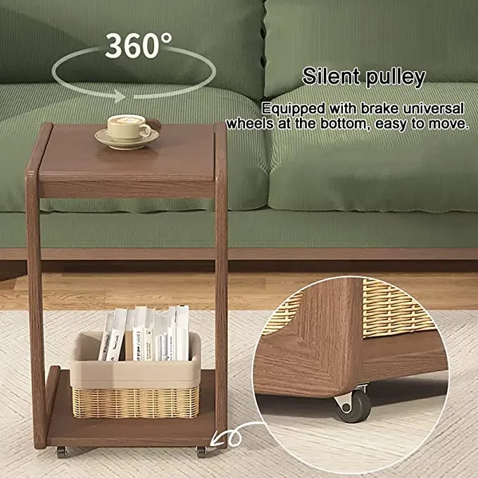 Table d'appoint réglable en forme de C en bois massif avec roues verrouillables