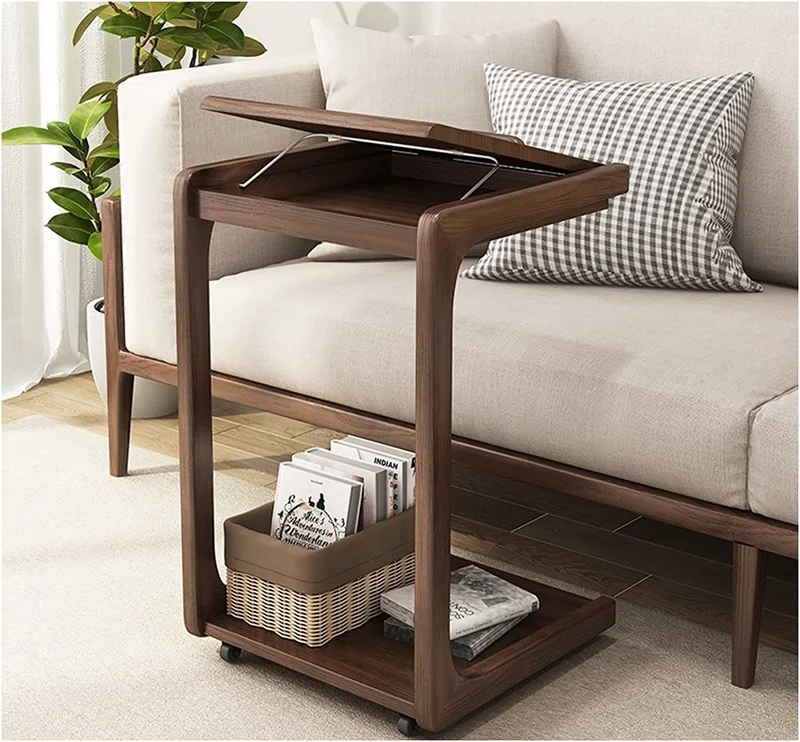 Table d'appoint réglable en forme de C en bois massif avec roues verrouillables