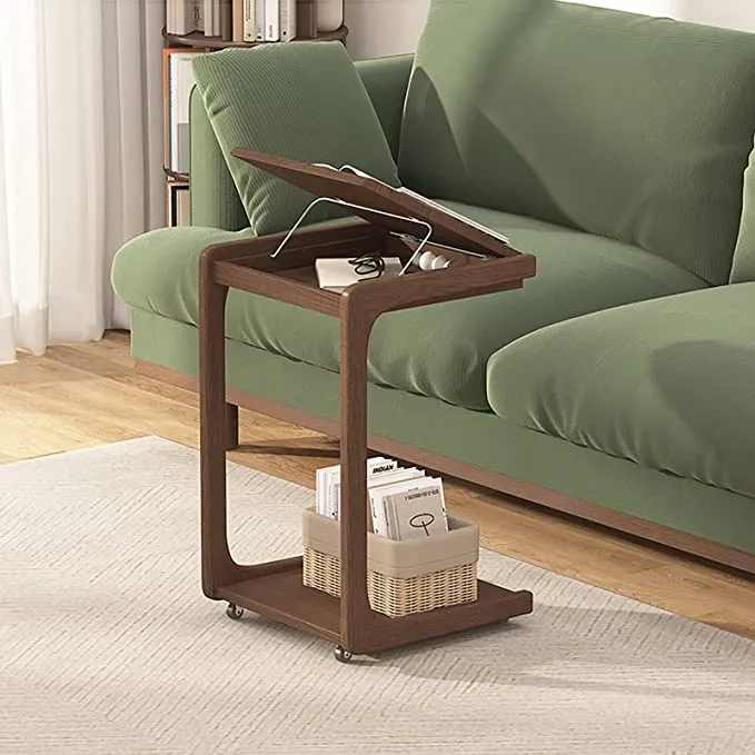 Table d'appoint réglable en forme de C en bois massif avec roues verrouillables
