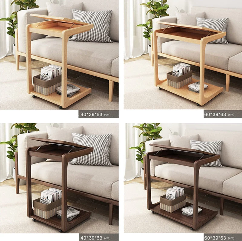 Table d'appoint réglable en forme de C en bois massif avec roues verrouillables