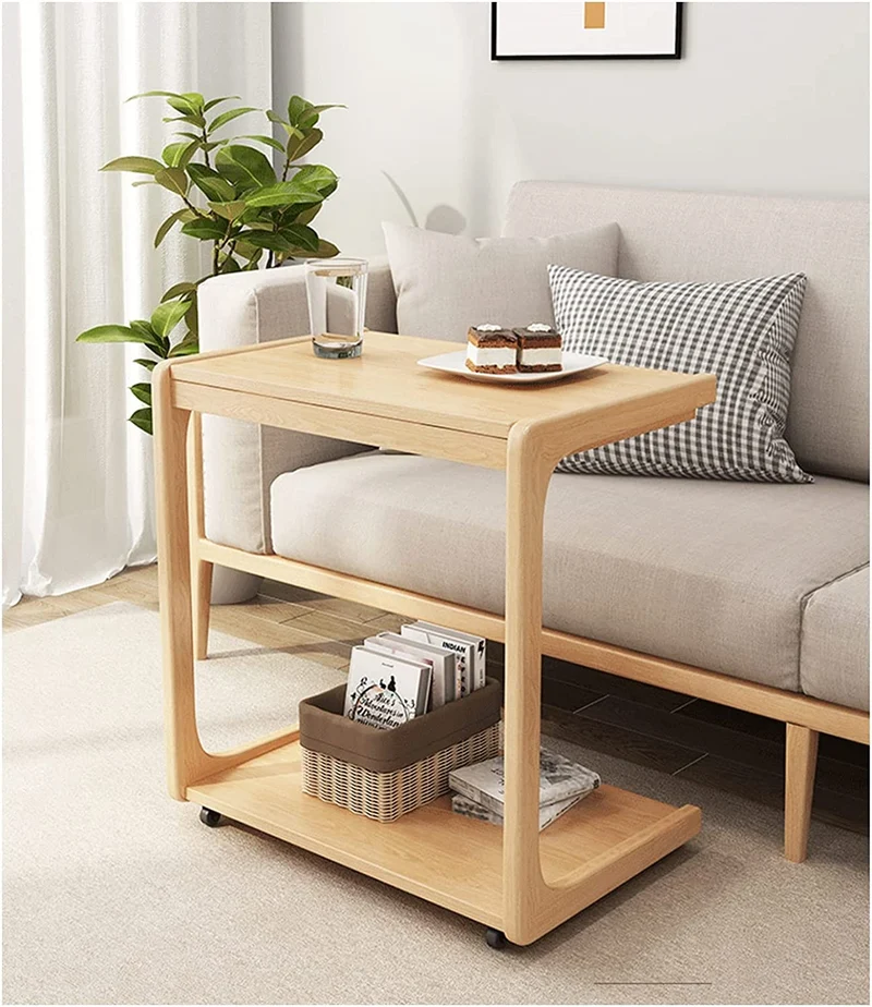 Table d'appoint réglable en forme de C en bois massif avec roues verrouillables