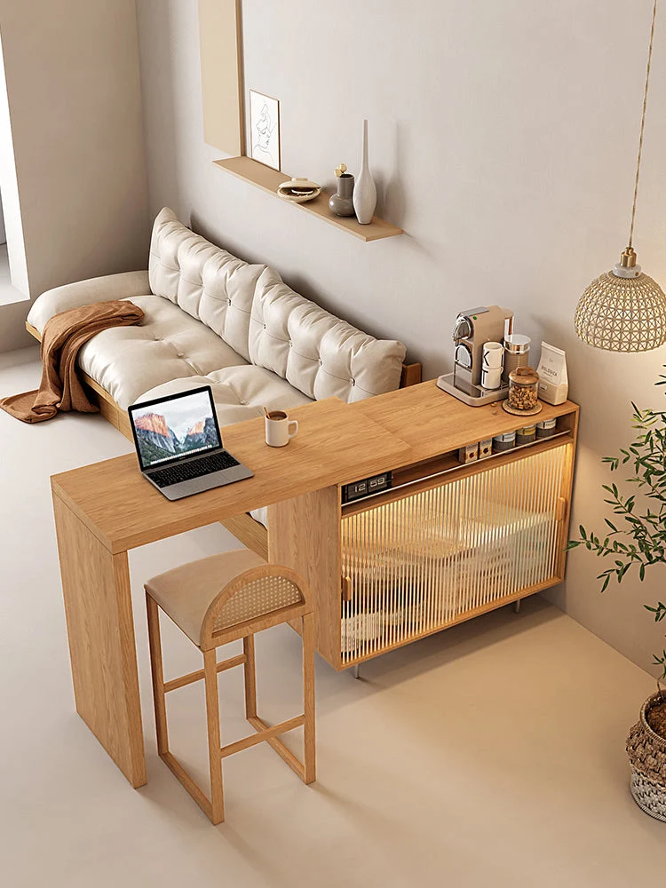 Table de bar en L avec buffet de rangement des deux côtés
