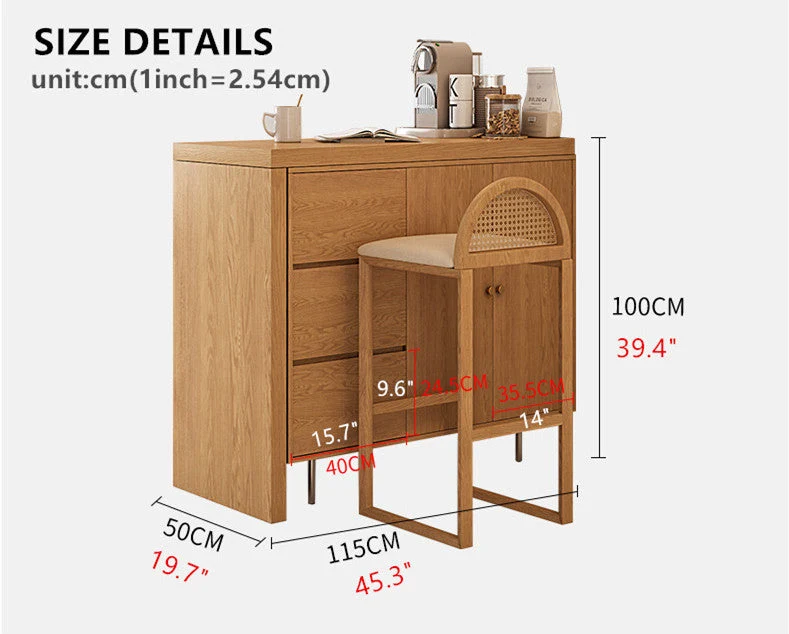 Table de bar en L avec buffet de rangement des deux côtés