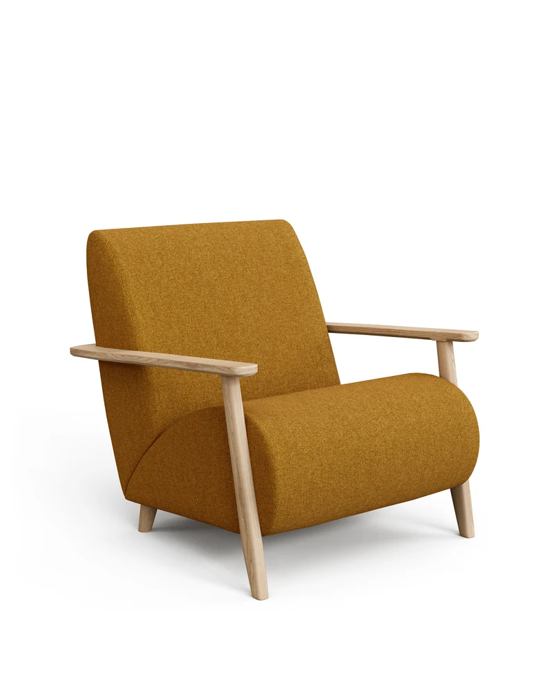 Meghan armchair in mustard bouclé and solid ash wood with natural finish FSC Mix Credit