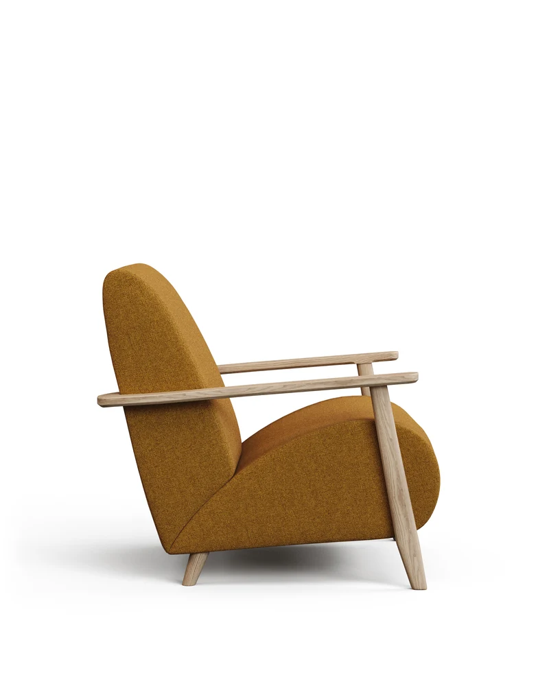 Meghan armchair in mustard bouclé and solid ash wood with natural finish FSC Mix Credit