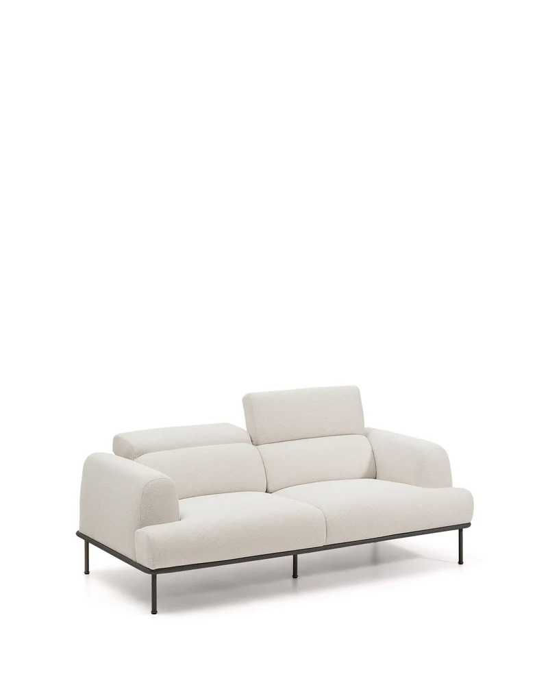 Aurum 2-seater sofa in ecru chenille with reclining headrest and matte grey metal base 214 cm FSC Mix Credit