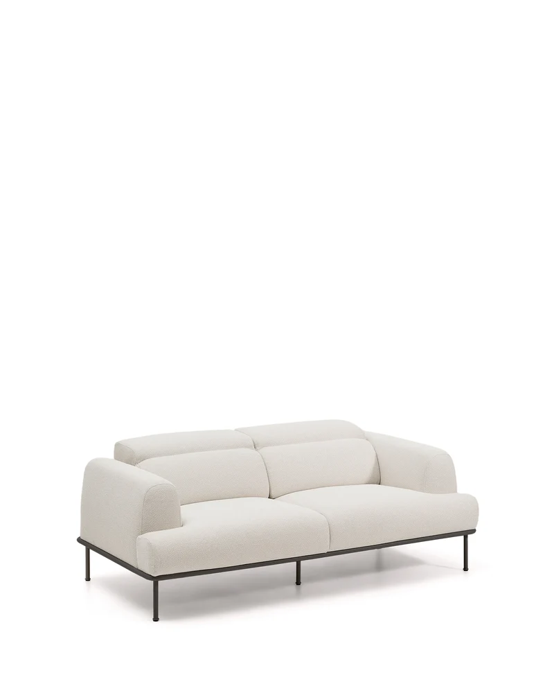 Aurum 2-seater sofa in ecru chenille with reclining headrest and matte grey metal base 214 cm FSC Mix Credit