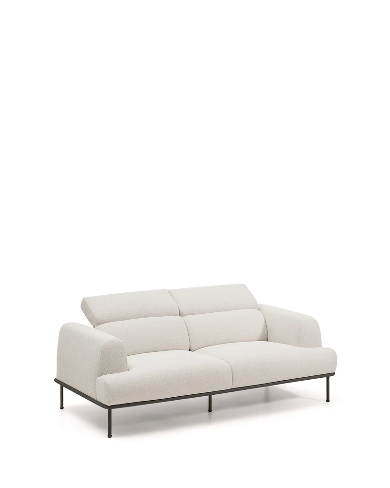 Aurum 2-seater sofa in ecru chenille with reclining headrest and matte grey metal base 214 cm FSC Mix Credit