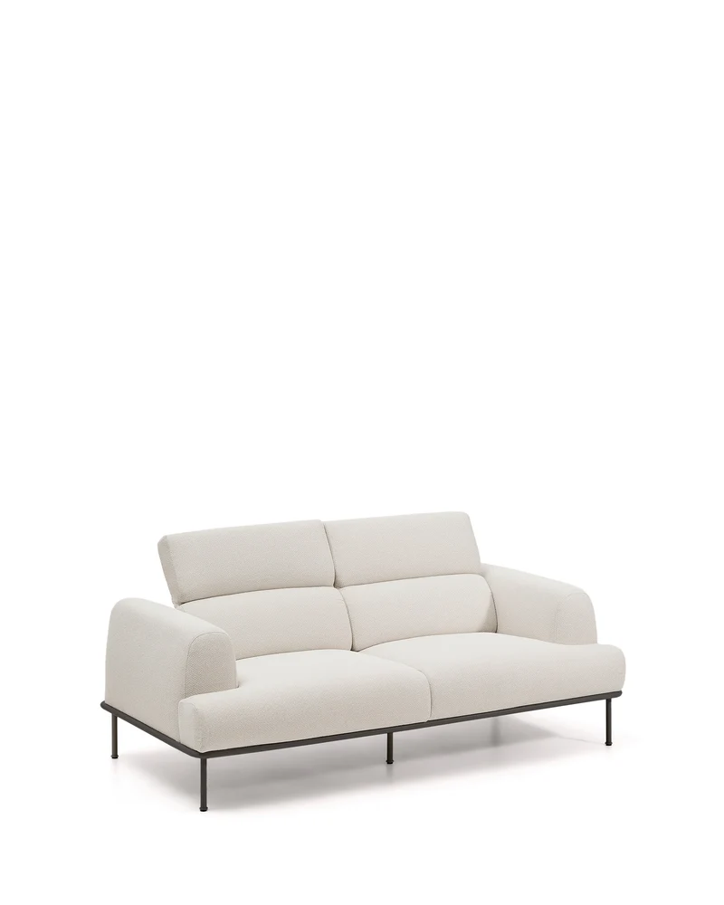 Aurum 2-seater sofa in ecru chenille with reclining headrest and matte grey metal base 214 cm FSC Mix Credit