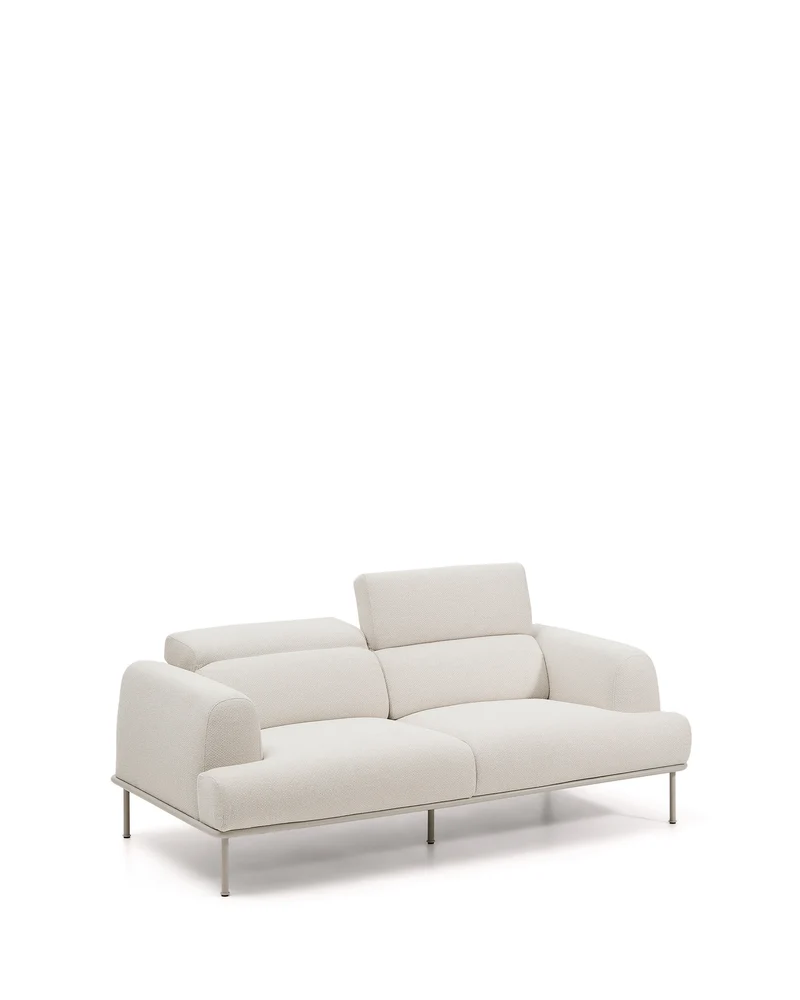 Aurum 2-seater sofa in ecru chenille with reclining headrest and matte beige metal base 214 cm FSC Mix Credit