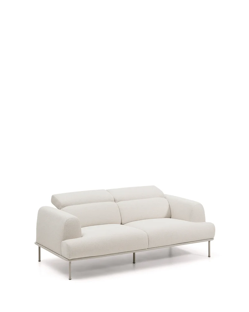 Aurum 2-seater sofa in ecru chenille with reclining headrest and matte beige metal base 214 cm FSC Mix Credit