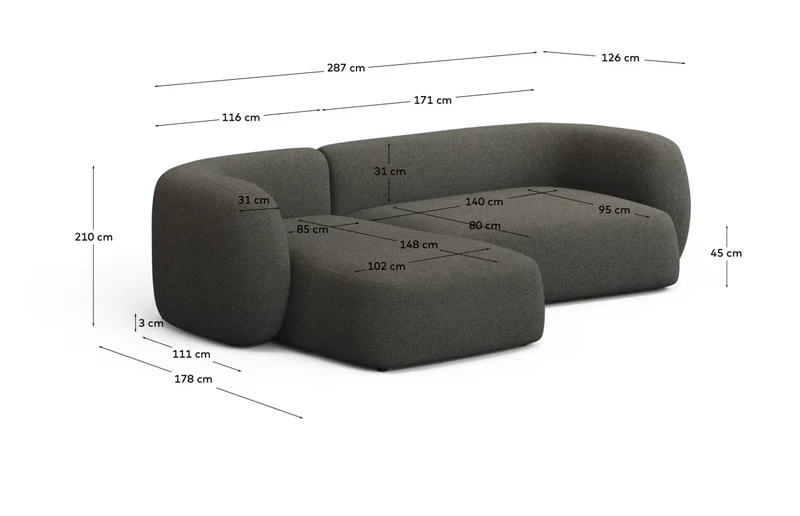 Martina green chenille 3-seater modular sofa with left chaise longue 287cm
