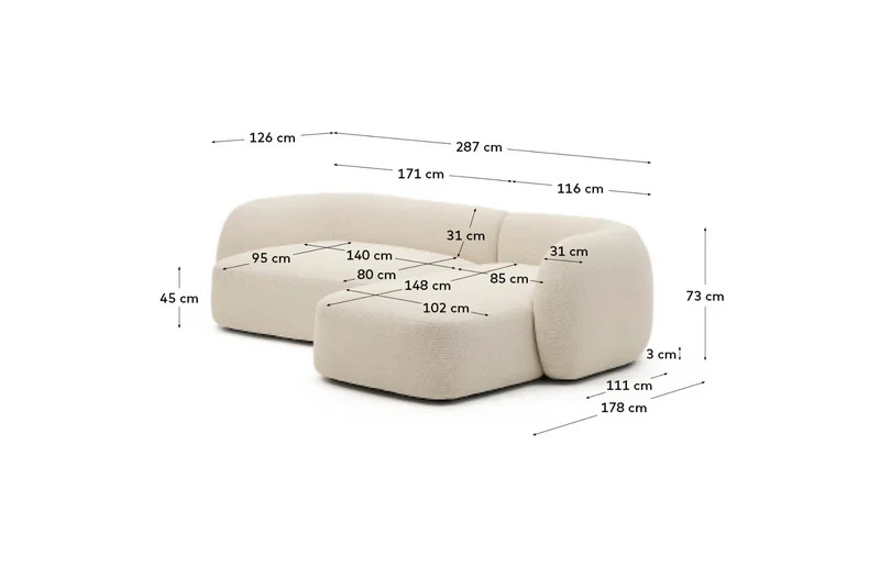 Martina ecru chenille 3-seater modular sofa with right chaise longue 287cm